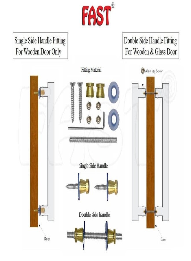 FAST DH204 304 Stainless Steel & Wooden Metal Square Glass Door Pull Handle 1 Set OR 2 Pcs for Main & Room Door (300MM) - Image 3